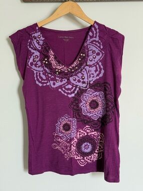 Calvin Klein Jeans Purple Mandala Studded V-Neck Sleeveless Top Cotton Large